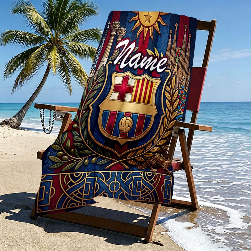 Serviette de Plage Personnalisée avec Nom Club de Football Barcelone, pour Voyage Camping Fête à la Plage Décoration Intérieure, Cadeau d'Anniversaire pour la Famille et les Amis