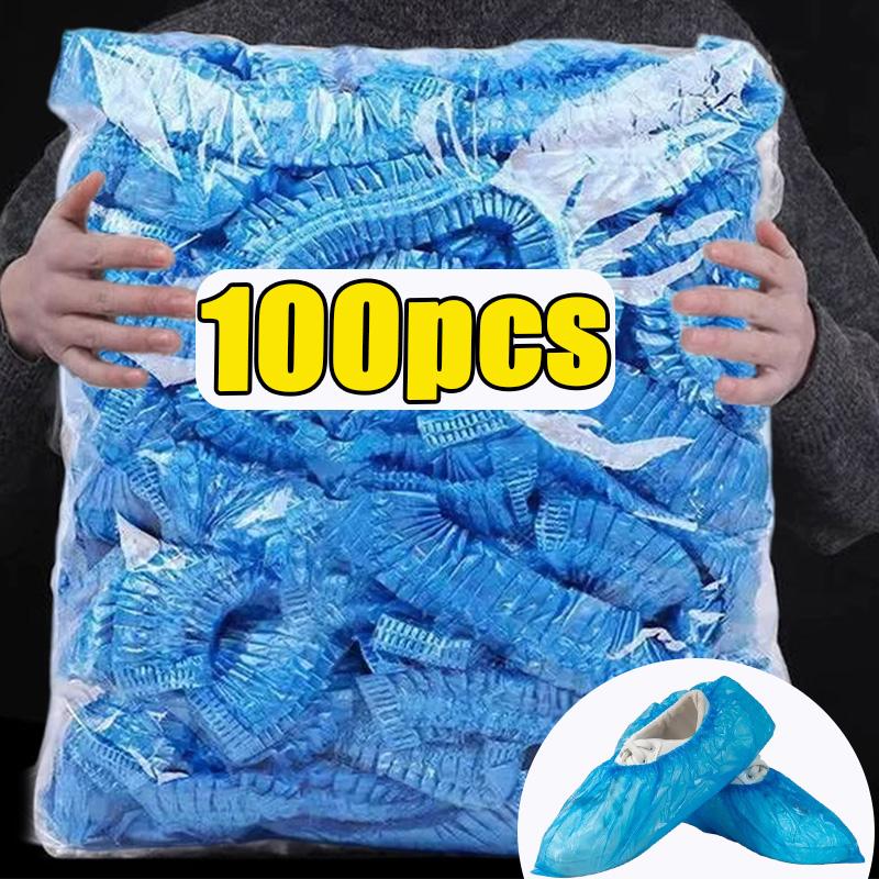 100PCS Disposable Plastic Fabric Shoe Covers Portable Non-slip Rain Mud-proof Shoe Covers Wear Waterproof Boot Covers Overshoes