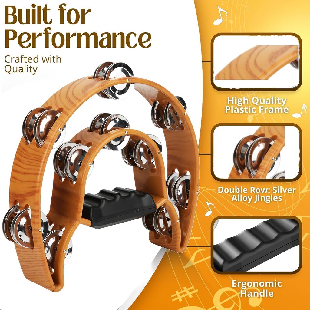 Tamburină ergonomică cu două rânduri de clopoței, galben ghimbir - Instrument muzical versatil cu clopoței metalici, Ideal pentru nunți, evenimente în aer liber, festivaluri