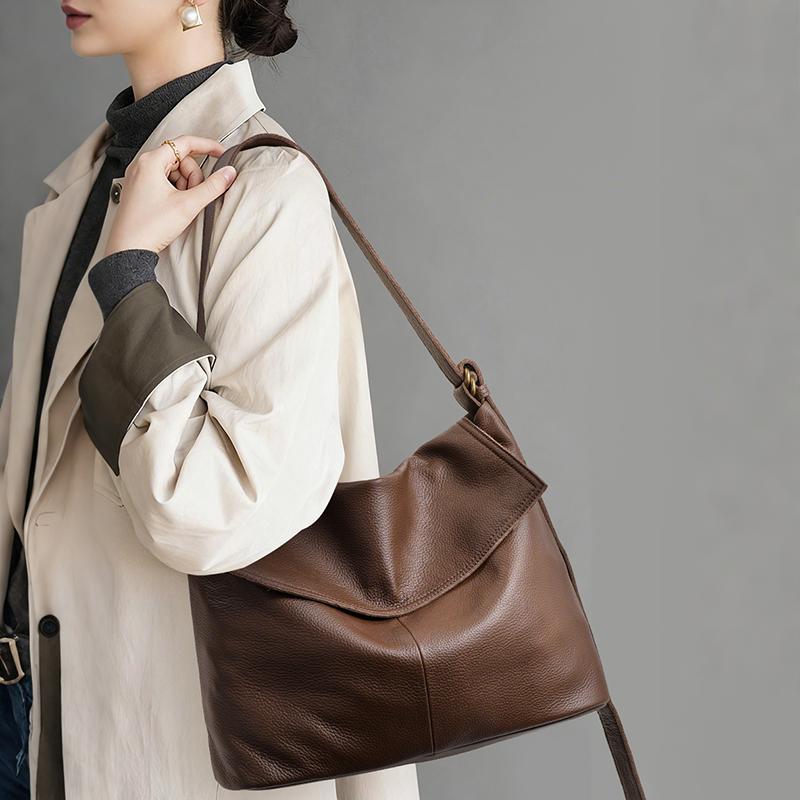 Genuine cowhide leather women's handbag, large capacity soft leather tote, casual single-shoulder slouchy style big bag