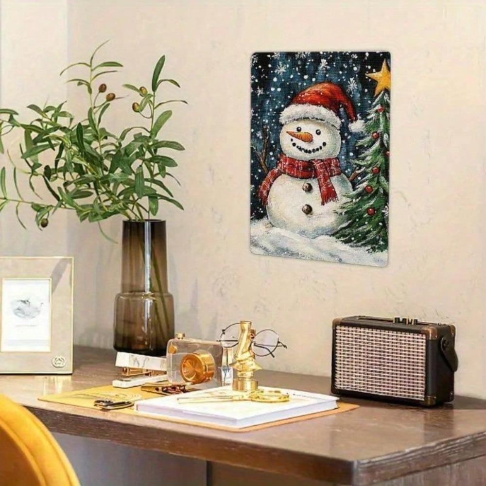 Vintage Snowman Christmas Tree Tin Metal Sign 12x8 Inch Holiday Wall Decor