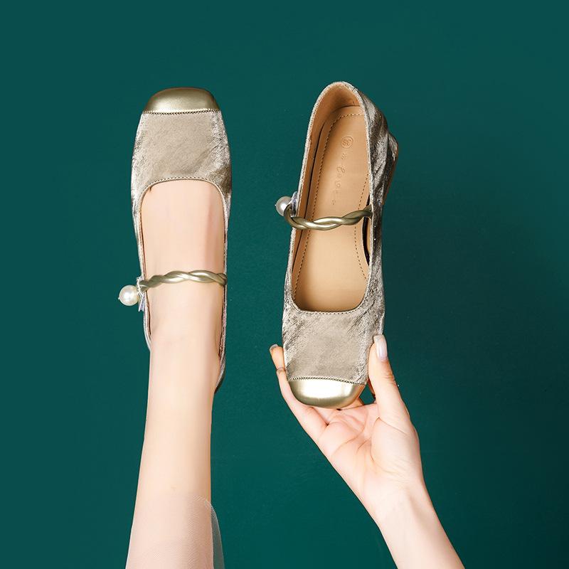 Mary Jane square head single shoes with thick heels single shoes splicing single shoes female celebrity with cheongsam