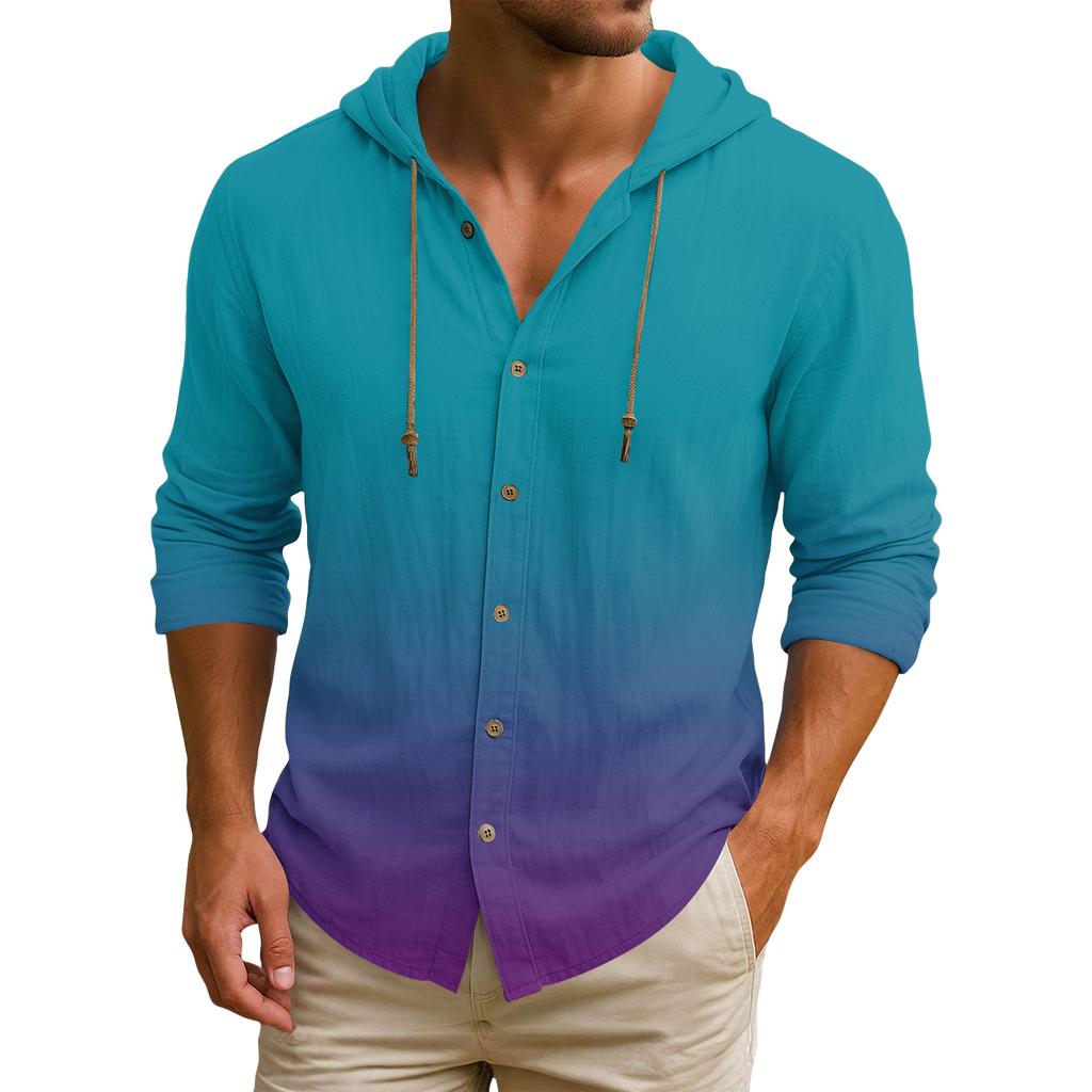 Men's Hooded T-shirt Gradient Color Cotton And Linen Men's Casual Long-sleeved Top