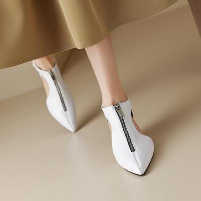 Fashion Kaky's New Pointed Hollow Mesh Oversized High New Pointed Zipper Cowhide Mid Heel Hollow Out Women's Single Shoe High Top Shoes
