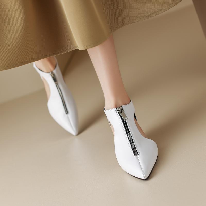 Fashion Kaky's New Pointed Hollow Mesh Oversized High New Pointed Zipper Cowhide Mid Heel Hollow Out Women's Single Shoe High Top Shoes