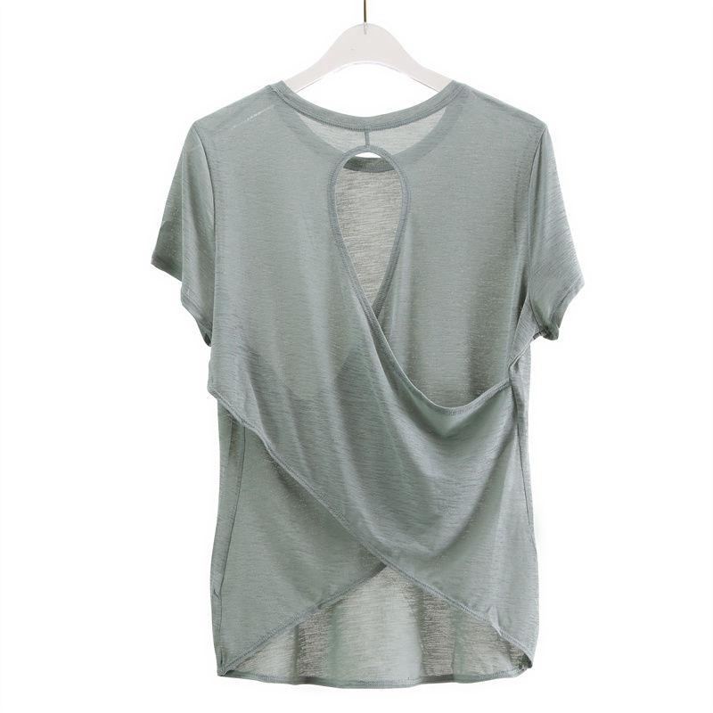 

Bamboo Yarn Cool and Dry Loose Yoga Cover Shirt for Women with Hollow Out Lightweight Quick Drying Short Sleeved T-shirt Loose Cover Shirt L