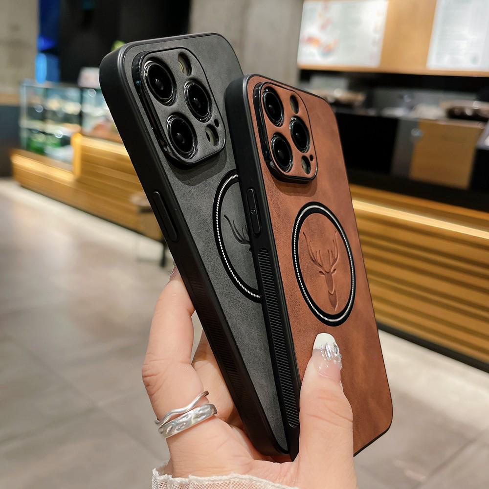 iPhone 16 Magnetic Cloth Texture Phone Case - Full Coverage Elk Design, Drop-Proof for Apple 14/15/17 Pro Max