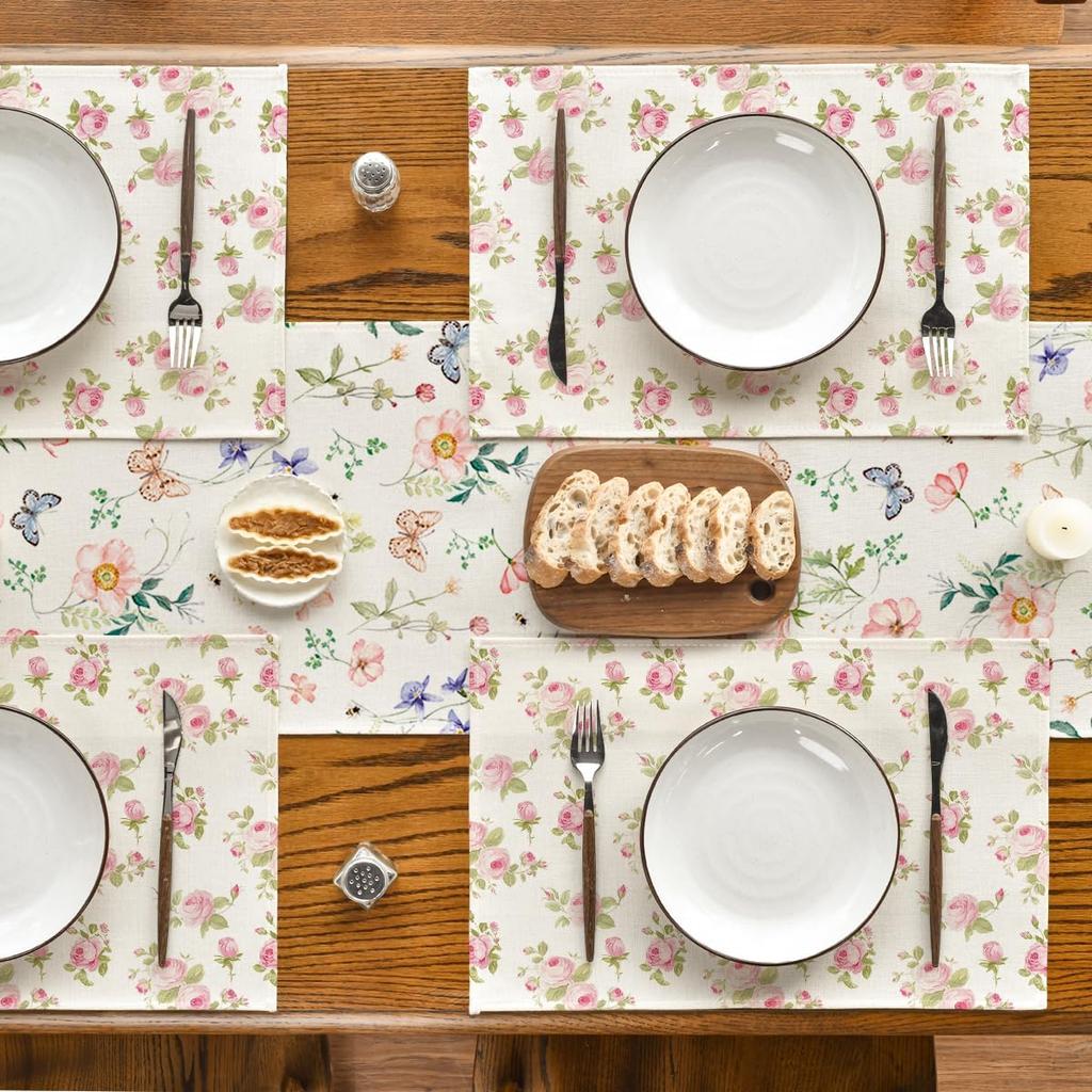 4Pcs, Floral Rose Placemats, Washable, Suitable for Holiday Parties, Home Decor, Kitchen Countertops