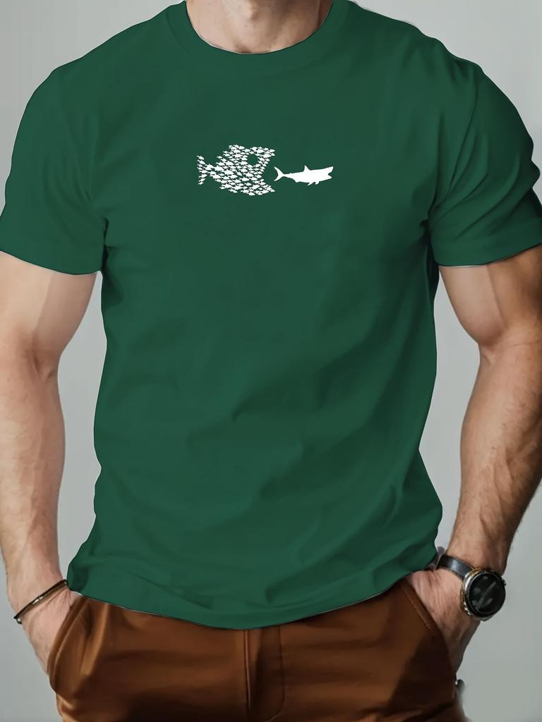 Summer Casual Crewneck Men Fun Big Fish Eating Small Fish Pattern Adult Women Matching Shortsleeved Tshirt Loose Breathable