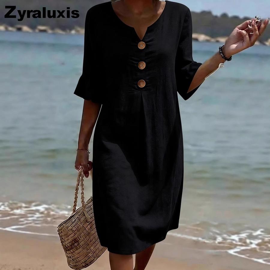 Summer New Cotton Linen V-Neck Buttoned Ruffled Sleeve Dress for Women