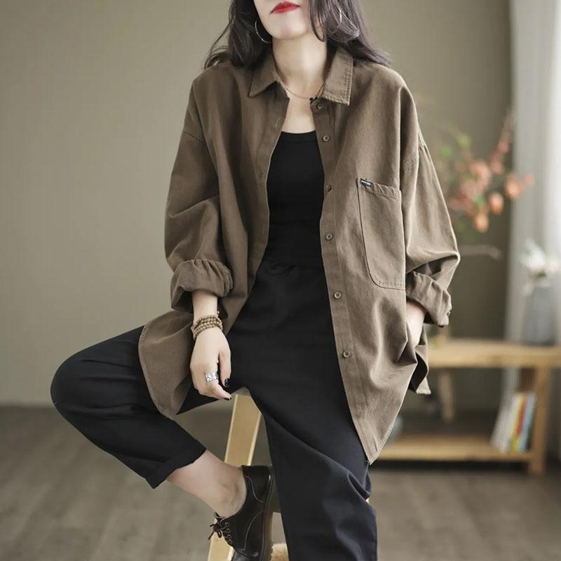 Coat for Women Cotton Oversize Shirt Jacket Solid Color Button Loose Casual Tops Casual Blouse Jacket
