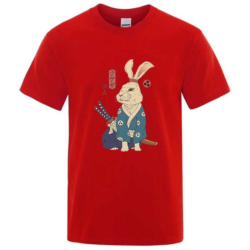 Cotton Blend Short Sleeve Tee Japanese Ukiyoe Samurai Rabbit Print Casual Streetwear Unisex Summer Top Gift For Lovers Unisexunisex