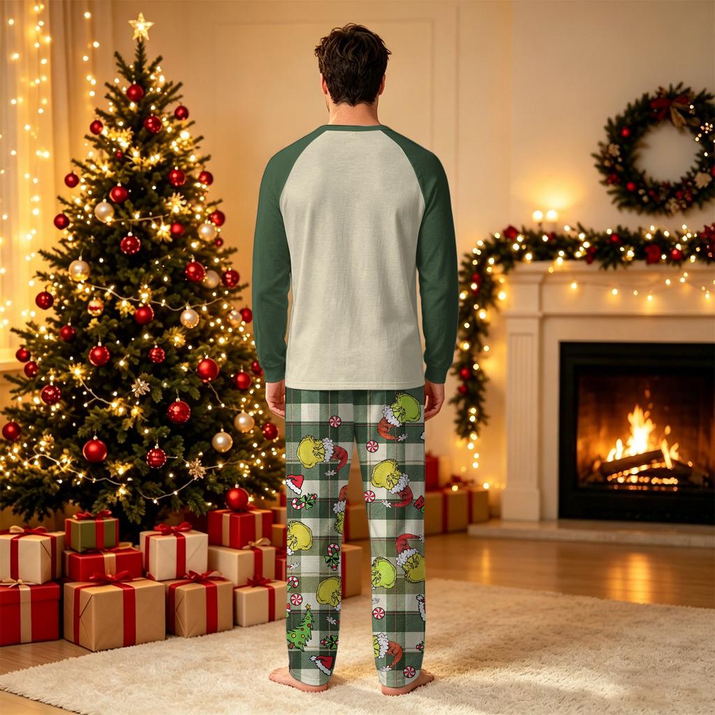 Matching Family Christmas Loungewear Set, Long Sleeve Neck Printed Top and Pants for Men Women and Kids