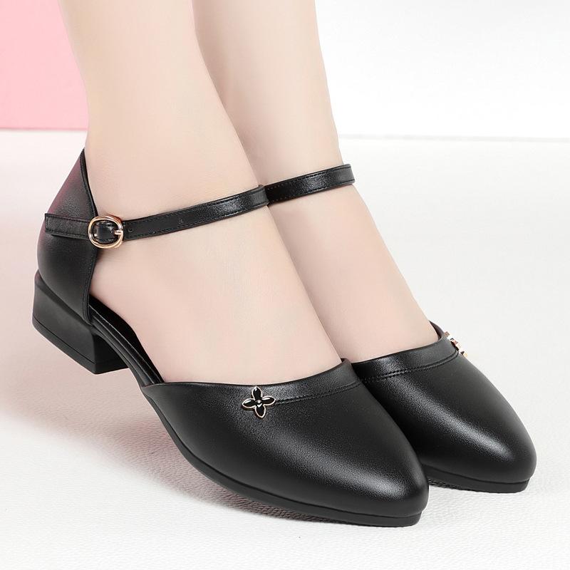 fashion New Women Casual Pumps 2024 Spring Summer Fashion Black Low Heel Woman Work Shoes Vintage Ladies Chunky One-word Buckle Heel