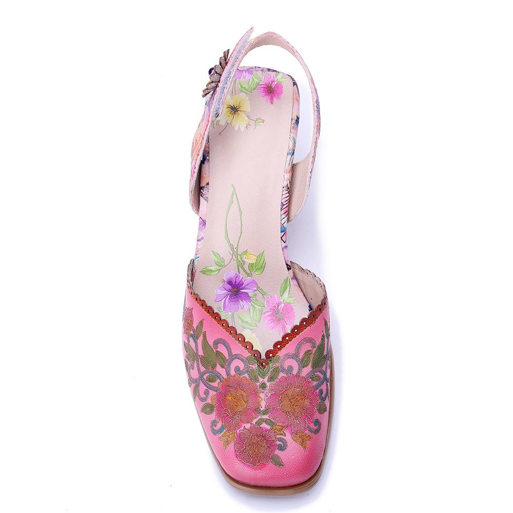 Johnature Handmade Genuine Leather Retro Court Style Exquisite Carved Comfortable High-heeled Sandals