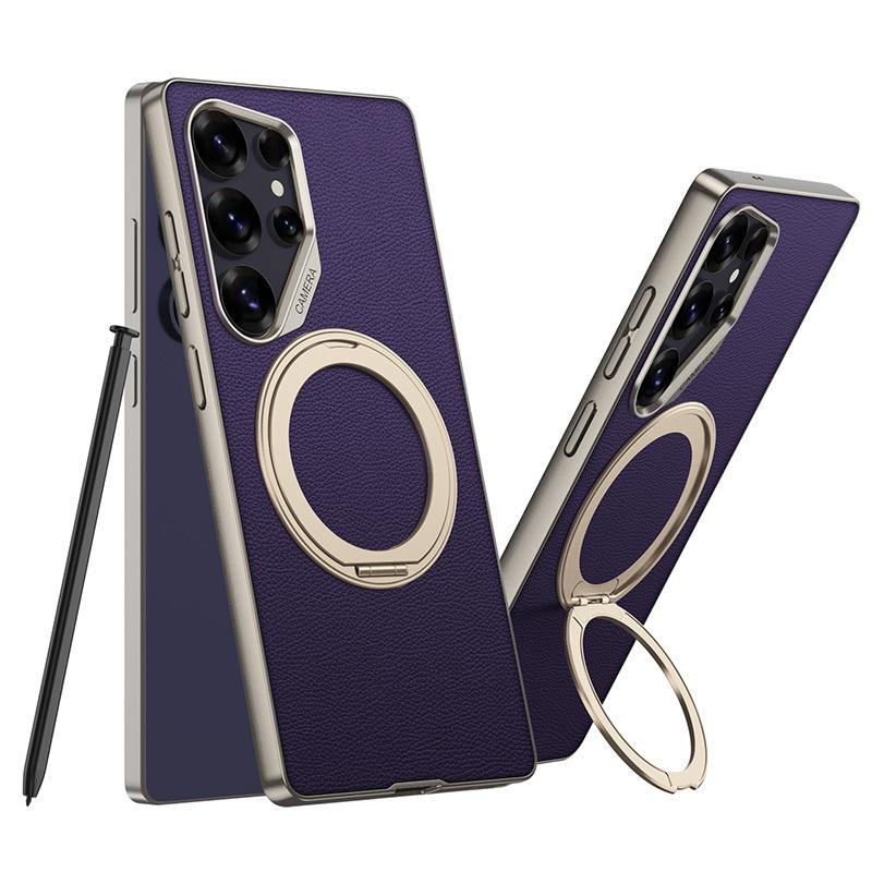 case for Samsung S26 S25 S24 S23 ultra Rotating Stand Vegan Leather Magnetic Wireless Charging Protective Case Anti-Fingerprint