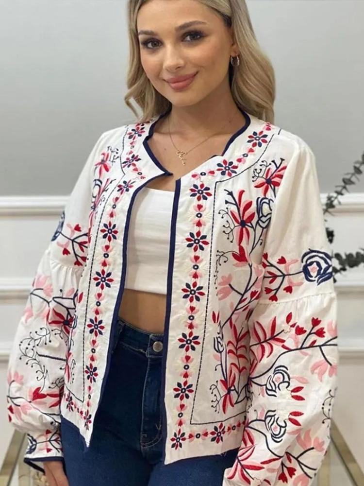 Drucken Frauen Jacke O-Ausschnitt lange Laterne Ärmel dünne kurze Mantel weibliche Frühen Herbst Dame Outwear