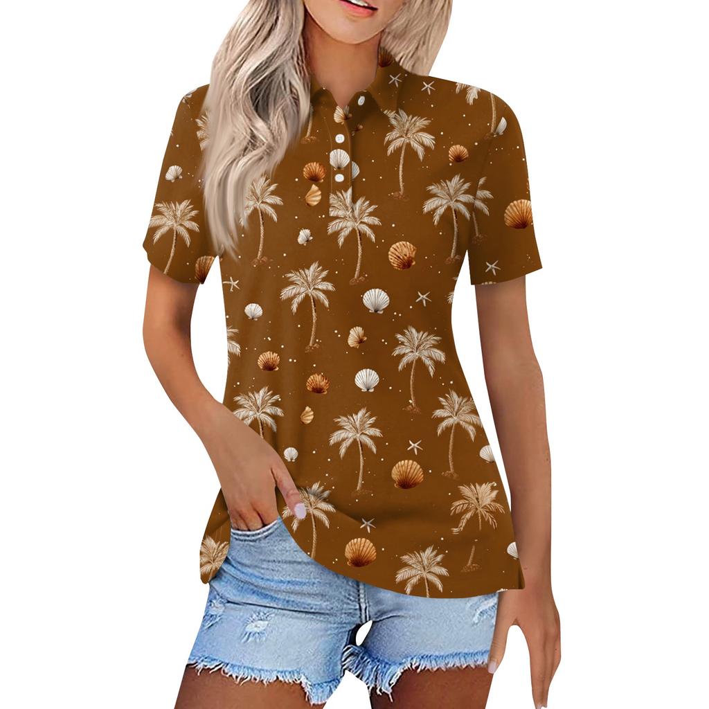Dámská móda Ležérní klopa košile s krátkým rukávem s potiskem Dámské topy se zapínáním na knoflíky