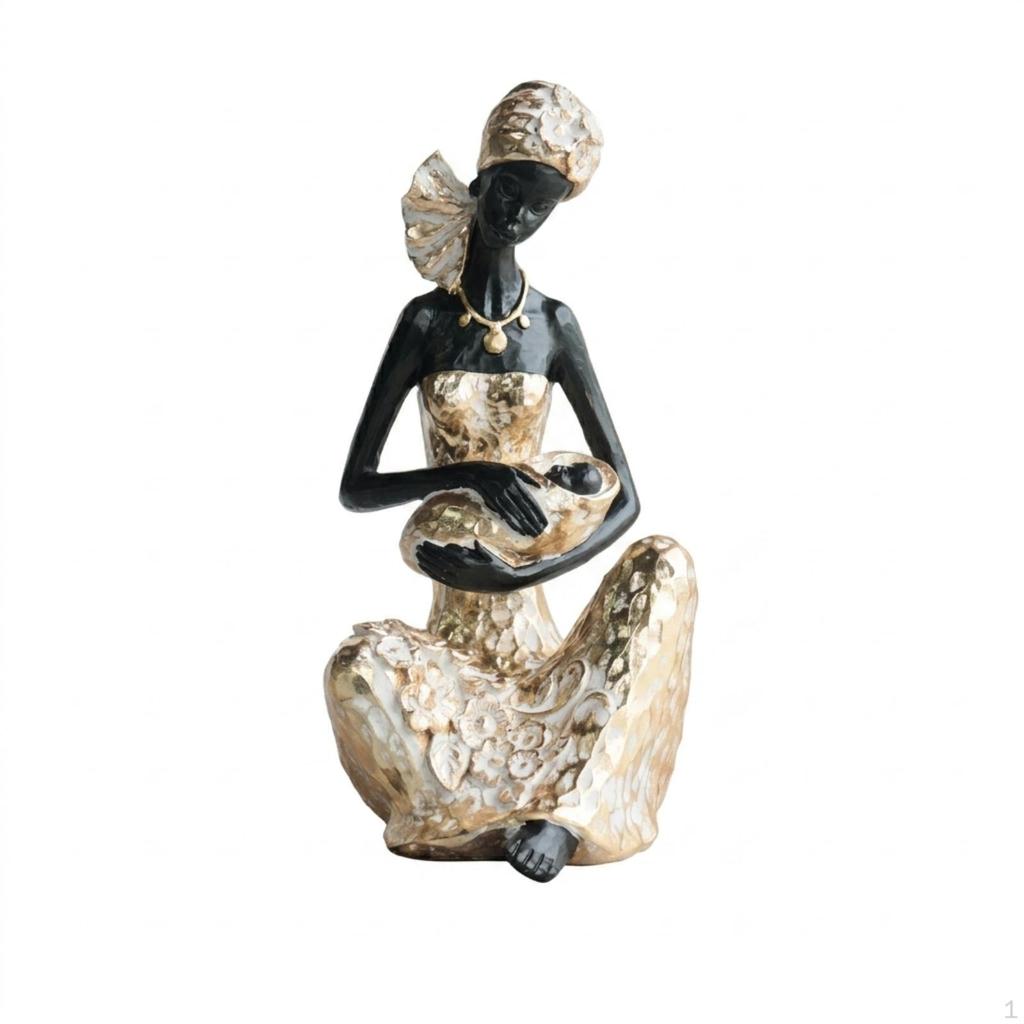 African Mother Figurine Hand-Painted and Infant Statue Embossed Woman