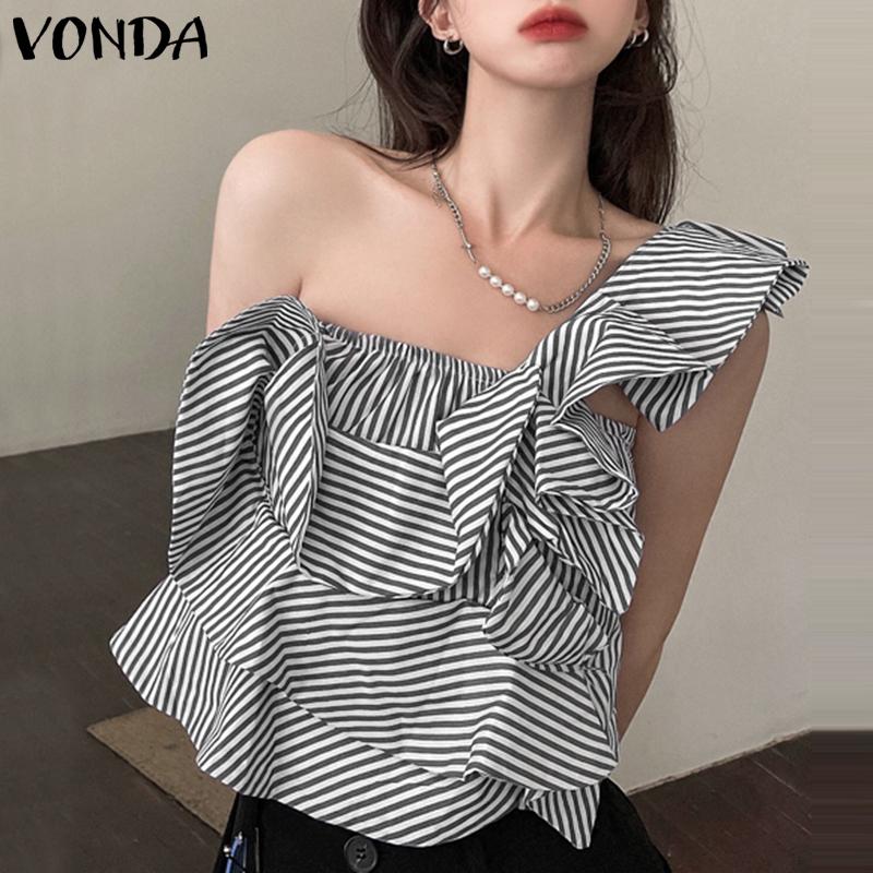

VONDA Women Summer One Shoulder Sleeveless Striped Print Layers Casual Tank Tops S чёрный