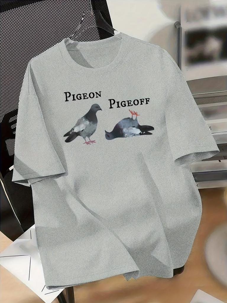 Mens Casual Graphic TShirt Pigeon Print with Dove Design White Crew Neck Short Sleeve Tee Lightweight Summer Streetwear