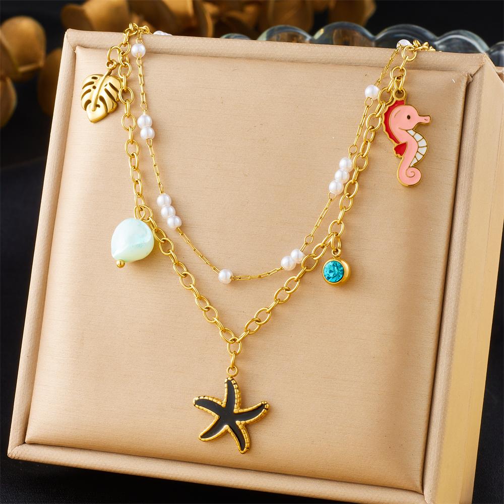 DIEYURO 316L Stainless Steell Pearl Starfish Imitation Shell Necklace For Women New Fashion Ocean Neck Chain Jewelry Gift