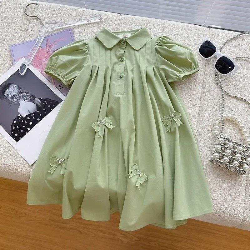 Girls Summer Puff Sleeve Polo Dress Casual Chic Midi Dress for Big Kids Fashionable Short Sleeve Party Sundress 110cm