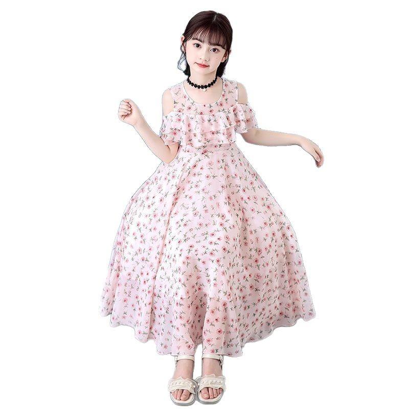 Kleines Mädchen Blumen Chiffon Prinzessin Langes Kleid Kinder Sommer Freizeitkleid