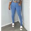 Women's Plus Size High Stretch Blue Pencil Jeans High Waist Straight Full Length Washed Denim Pants Skinny Fit for Mom Daughter