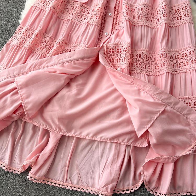 Luxury Party Dress for Women Long Lace Hollow Out Bandage Runway Patchwork Solid Lantern Sleeve Single Breasted Stand Dress