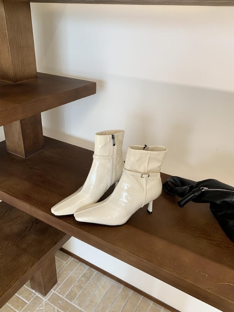 2025 autumn and winter new buckle thin high heel thin boots niche French temperament square head short boots commuter solid color boots