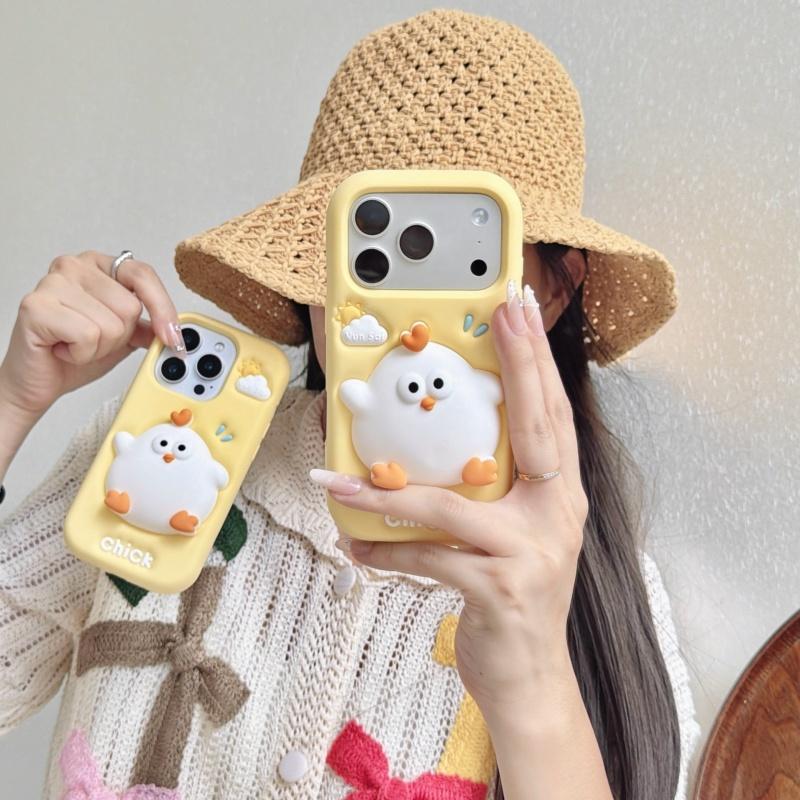 Cute 3D Cartoon Chick Phone Case For 17 16 15 14 13 12 Pro Max Plus Soft Silicone Protective Cover