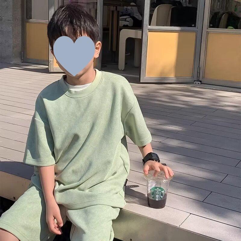 

Мальчики Весна и Лето Простой Свободный Костюм Средний и Большой Дети Топ с Короткими Рукавами + Шорты Повседневный Спортивный Комплект Из Двух Частей 120 зелёный