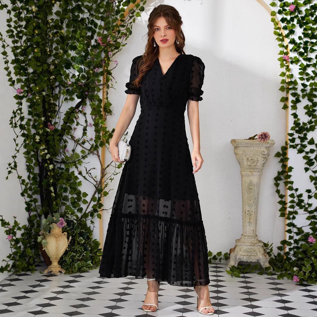 

Elegant V-Neck Ruffle Chiffon Dress - Spring/Summer Women s Fashion Large чорний
