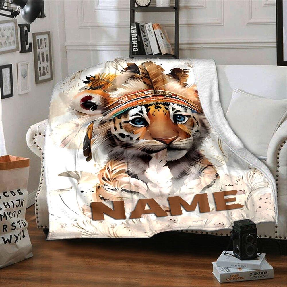 Tiger Cub Wearing A Feathered Headdress With The Word Below Multipurpose Personalized Blanket Personalized Name Warmthful Decor Suitable For Sofa