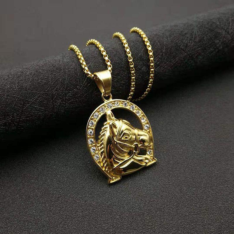 European and American Jewelry 2026 Color-preserving Gold-plated Diamond-encrusted Horse Head Pendant Necklace 60CM