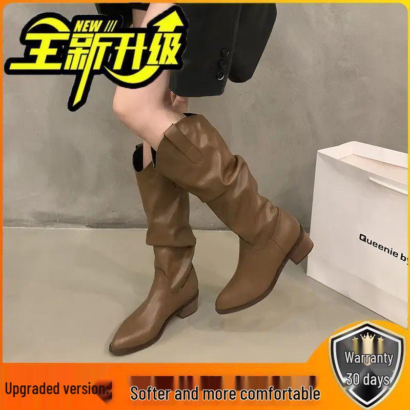 Klackade V-skurna Bruna Cowboykängor till Mitten av Vaderna, Vår/Höst 2025, Spetsig Tå Westernstil för Kvinnor