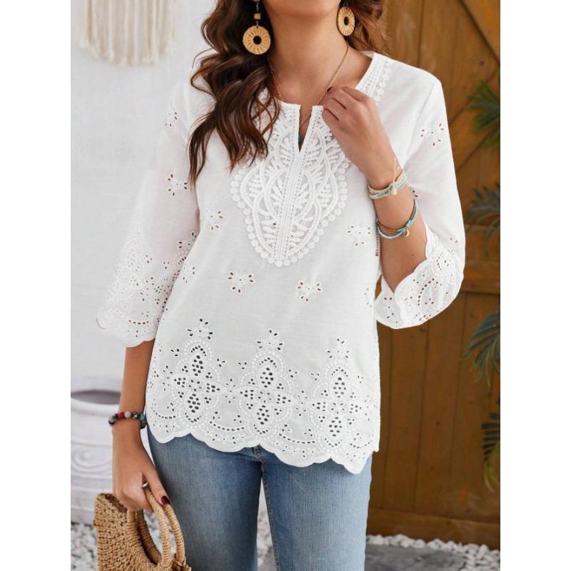Nouă Bluză Femeiască Largă cu Dantelă Decupată Modă Decolteu în V Primăvară și Vară Cămăși Noi Dulci Doamne Albe Casual Simple Topuri Îmbrăcăminte de Birou