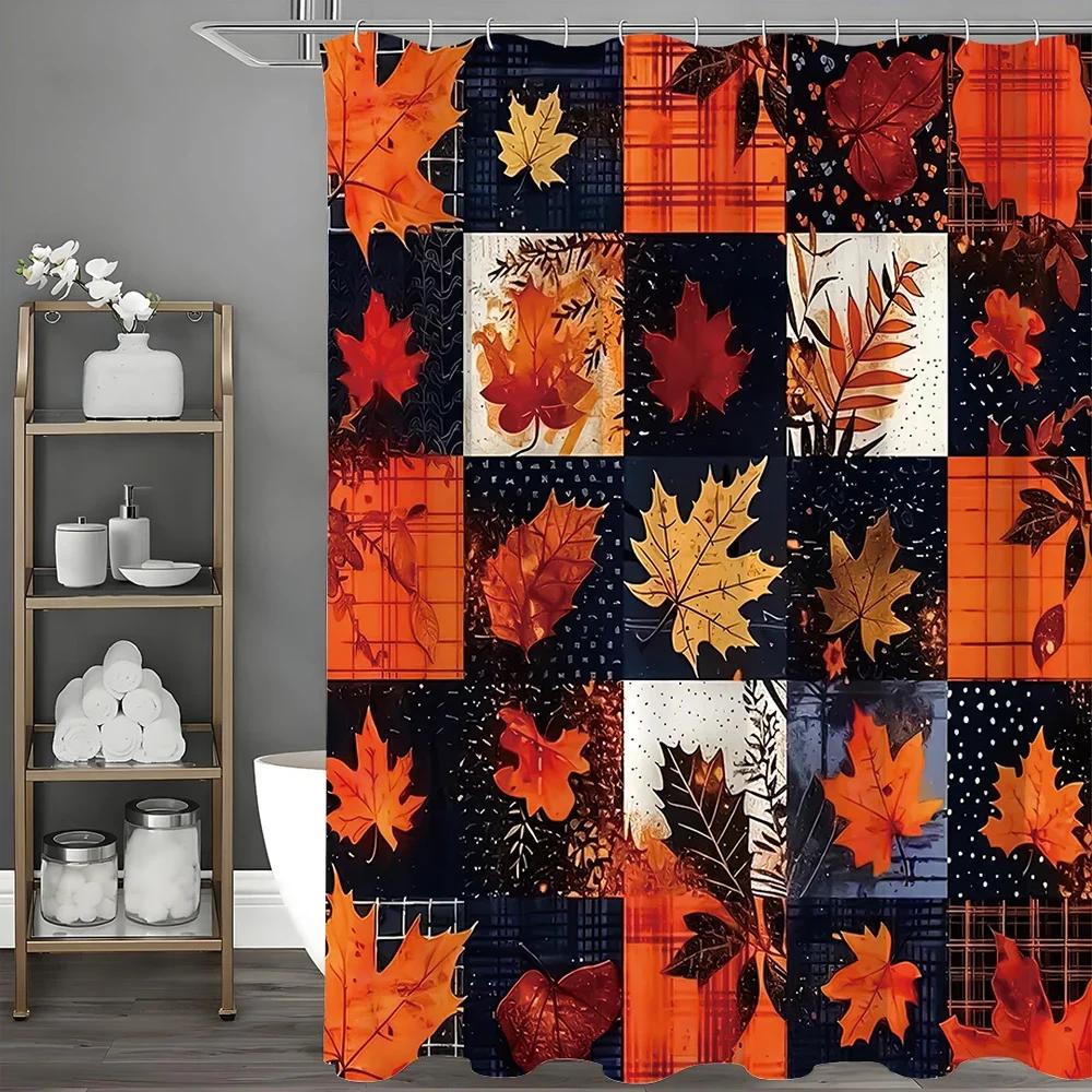 Fall Maple Leaf Western Maple Leaf Pattern Shower Curtain, Bathroom Decorative Shower Curtain, Waterproof Shower Curtain with Ho W90xH180cm