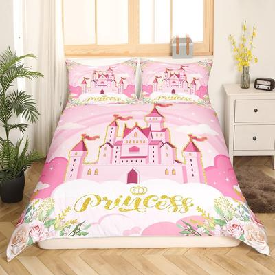 Set de lenjerie de pat pentru prințesă Set de plapumă Fata Castel de Vis Grădină de basm Dormitor pentru copii Set din trei piese