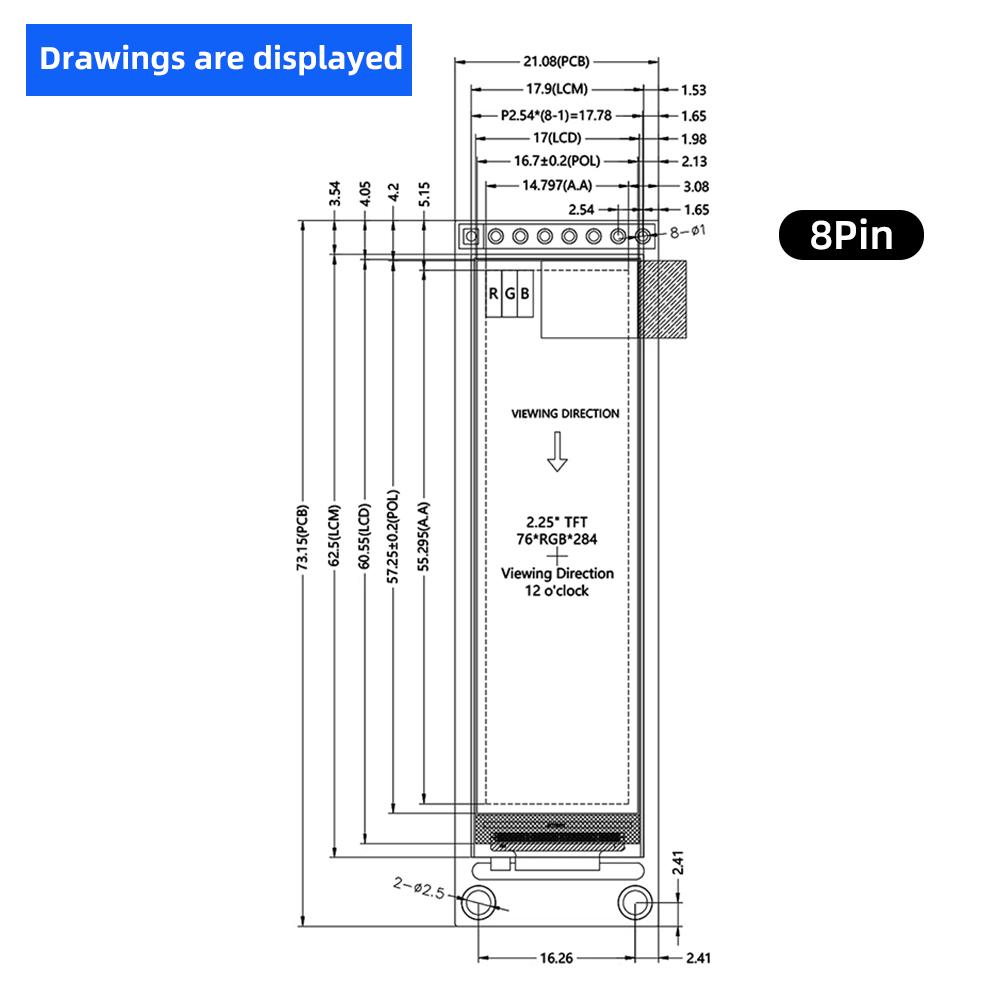 ST7789 LCD Screen Module 8 pin COG Link 4-wire SPI color Monitor 76*284 Full View Angle LCD Screen 2.25-inch TFT Display Screen