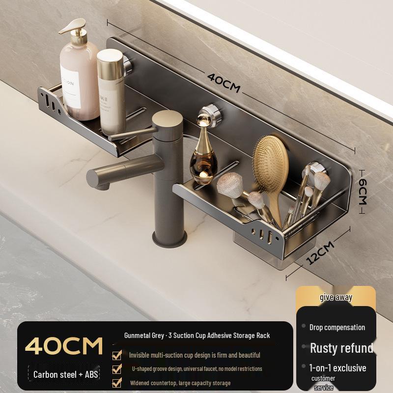Walnut Suction Cup Faucet Shelf - No-Drill Wall Mount Bathroom Storage Rack