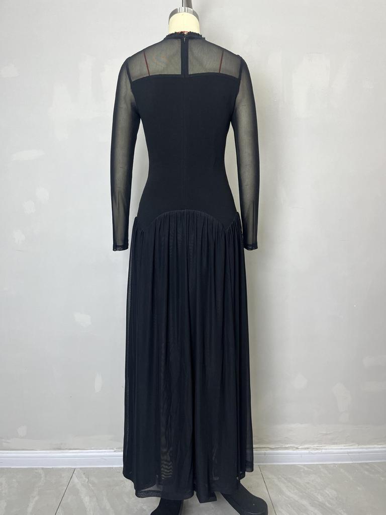 Sleek Black Mesh Long Sleeve Dress - Sexy & Elegant European & American Style