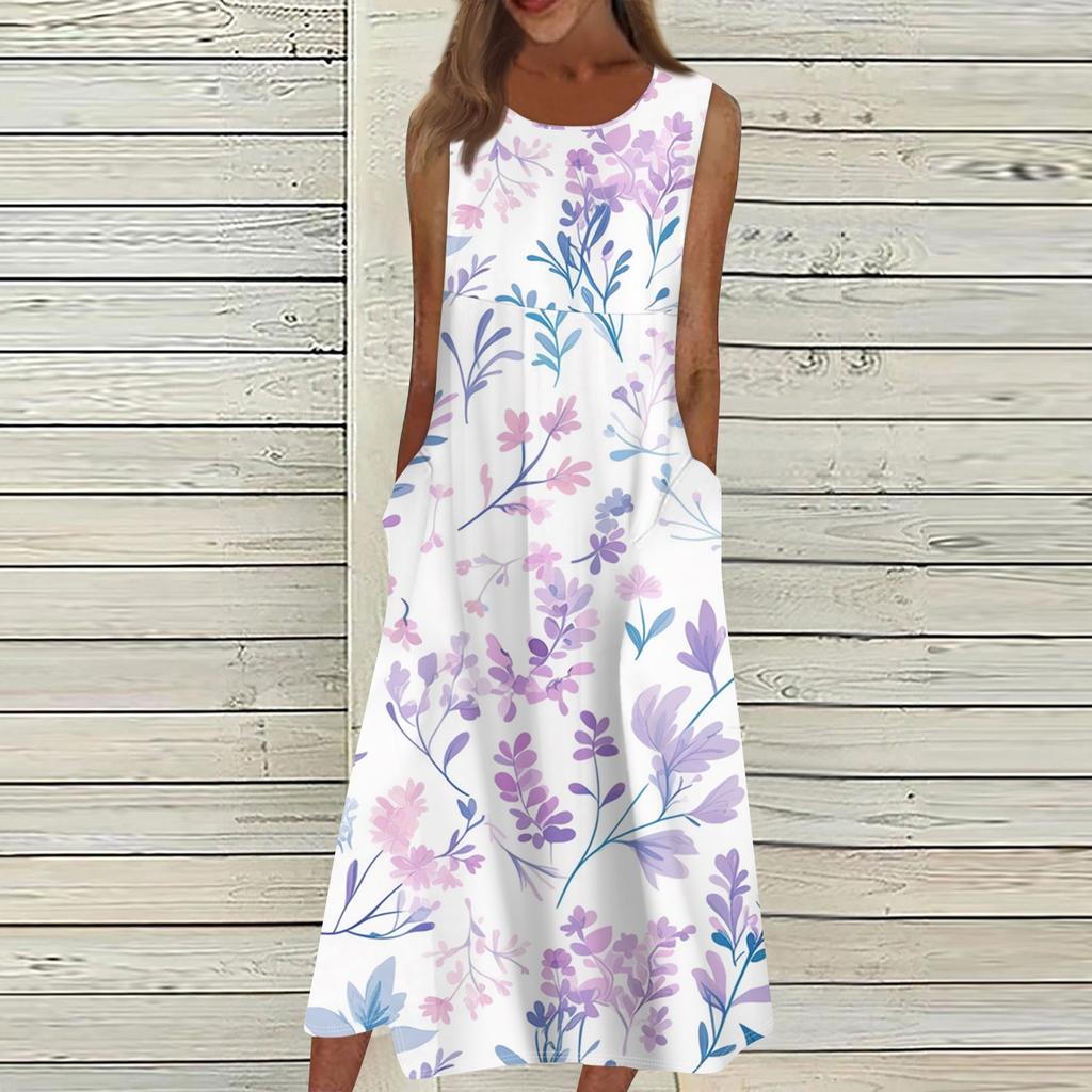 Women's Casual Printed Dresses Round Neck Basic Classic Outdoor Daily Sleeveless Loose Dresses