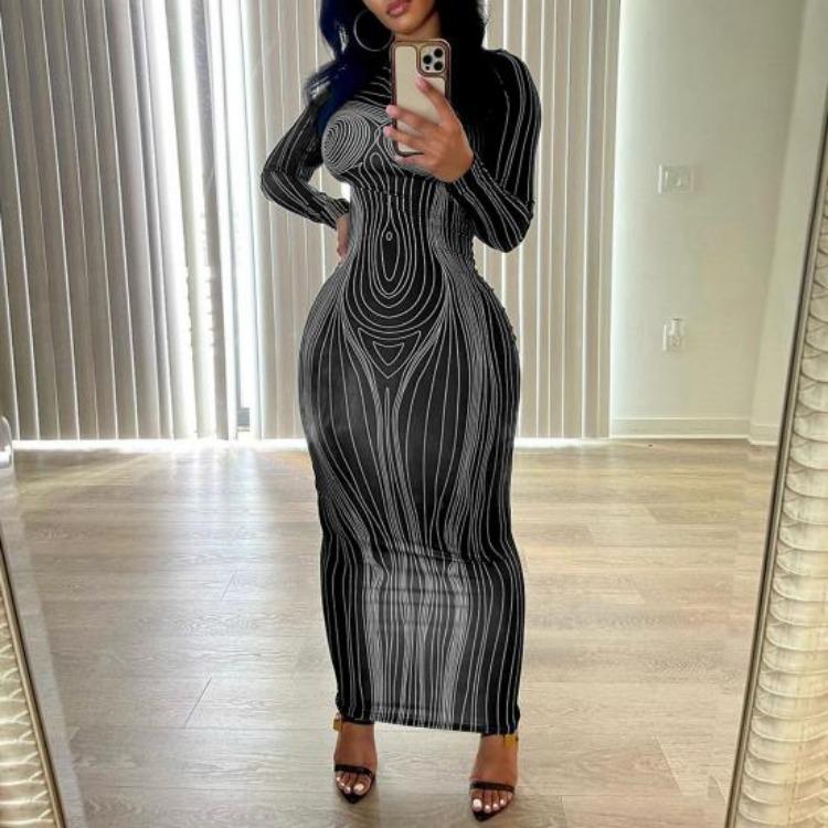 Women Spring Fall Party Dress Slim Fit Striped Print Maxi Dress Skinny Sheath Long Sleeve Elastic Round Neck Soft Thin Ankle Length Lady Dress
