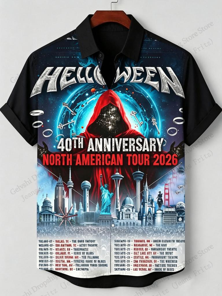 Helloween Banda 40 Aniversario Tour 2026 Camisa Hawaiana Impresión 3D Hombres Mujeres Moda Camisa de Manga Corta de un Solo Pecho Blusa de Rock