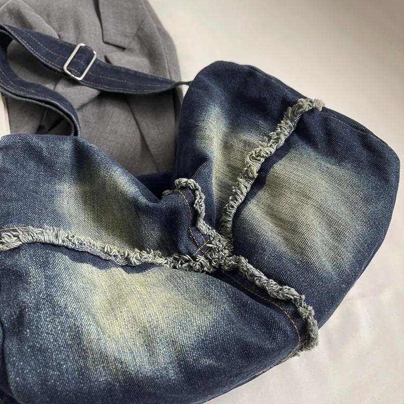 Geantă crossbody din pânză denim de mare capacitate cu fermoar simplu, geantă de umăr casual