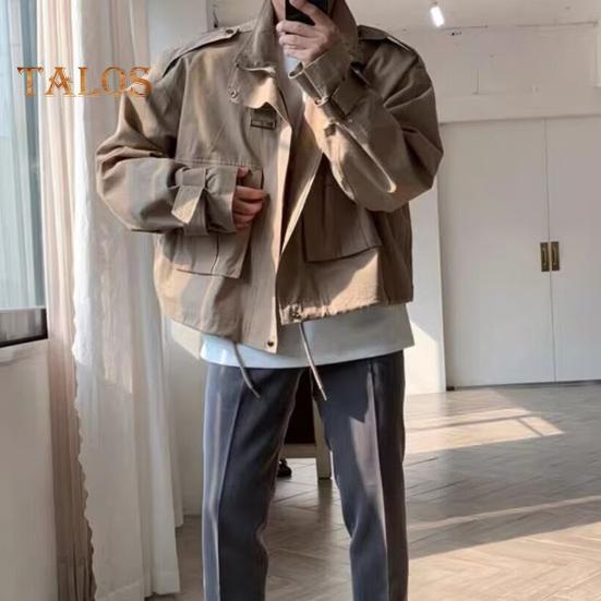 Herren Windbreaker Revers Langarm Einfarbige Jacke Reißverschlussleiste Große Taschen Kordelzug Saum Lässige Oberbekleidung