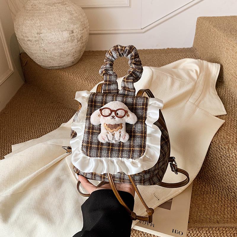 Korean Style Children's Plaid Plush Cartoon Doll Backpack