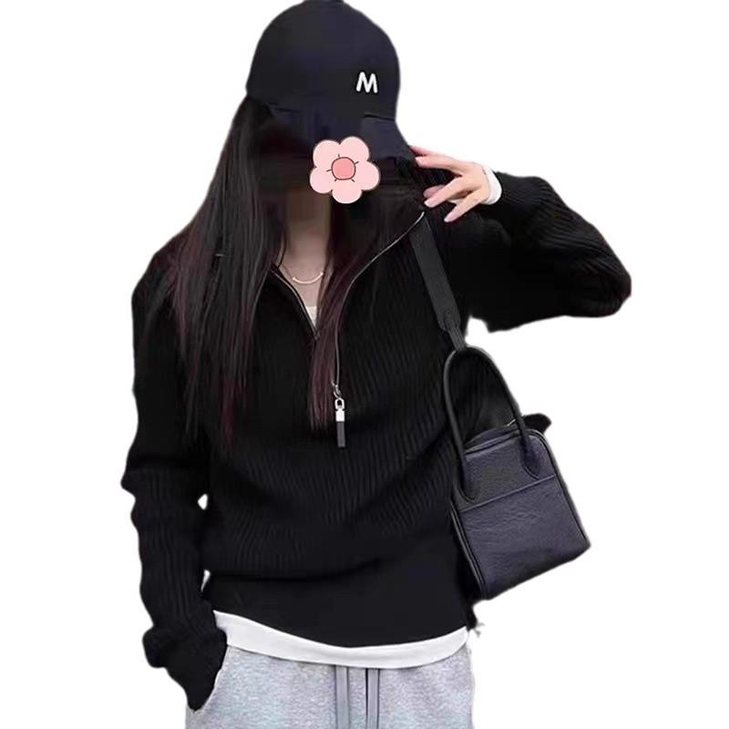 Gray Half-Zip High-Neck Sweater for Women: 2026 Spring/Autumn Long-Sleeve Knit Base Layer